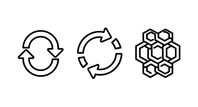 Set of linear icons representing refresh cycle and hexagonal structure with hexagonal structure geometry connection synchronization abstract technology rotation configuration mathematics