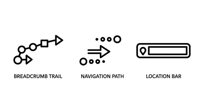 User interface navigation path icons set with navigation breadcrumb location direction interface structure internet progress stepping minimalist