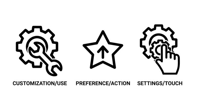 Settings and configuration line icons set with settings customization preference optimization configuration interface maintenance management technical software interactive development