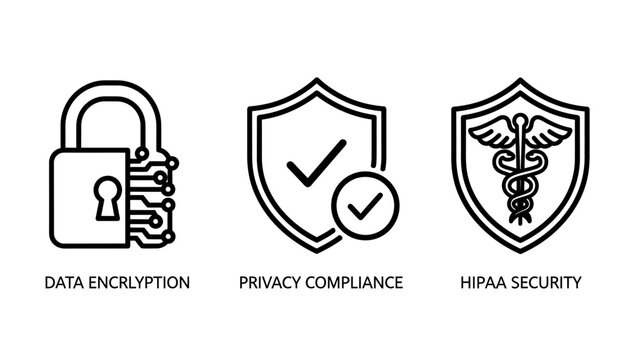Data security and healthcare compliance line icons with encryption compliance security protection regulatory information caduceus protocol standard internet confidentiality verification