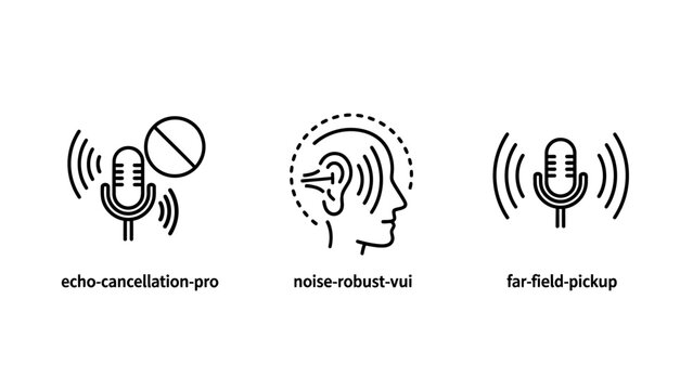 Audio communication technology icons set including echo cancellation and far field pickup with technology microphone communication cancellation engineering processing illustration acoustic
