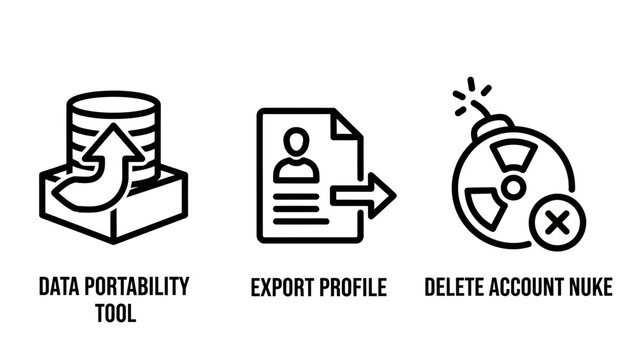 Set of data management icons showing data portability export profile and account deletion with portability deletion management transfer internet security database personal information