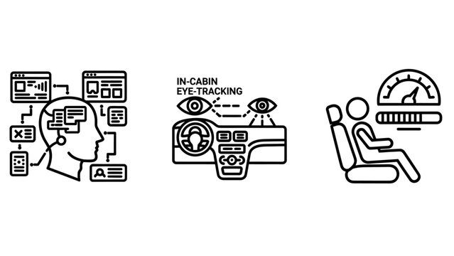 Set of human computer interaction and driver monitoring system technology icons with computer interaction monitoring tracking technology interface dashboard steering analytics cognitive