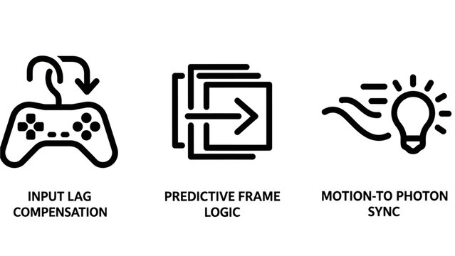 Set of gaming technology icons featuring input lag compensation predictive frame logic and motion sync technology compensation predictive controller joystick software development performance