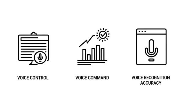 Set of voice technology icons representing control command and accuracy with accuracy technology recognition microphone interface software assistant communication computing automation