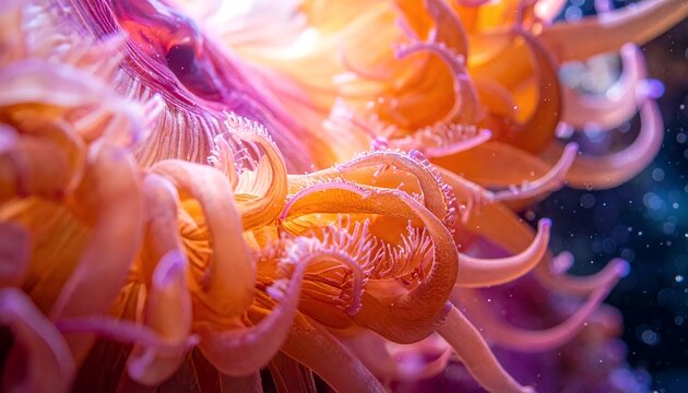 Close-up of a vibrant orange and pink sea anemone with delicate tentacles.