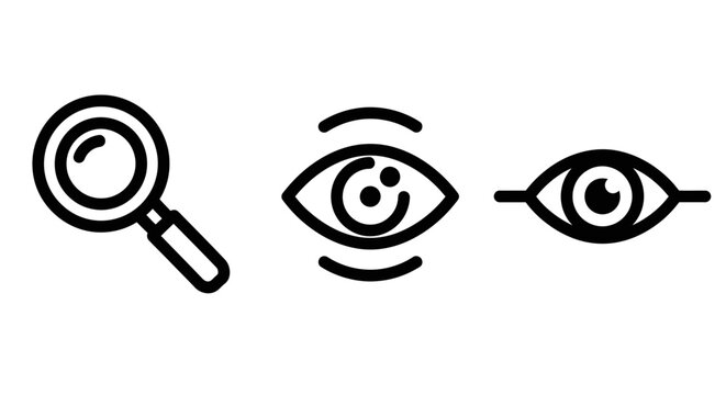 Observation and search vision icons set with magnifying observation discovery investigation detective minimalist interface isolated pictogram research exploration analysis monitoring