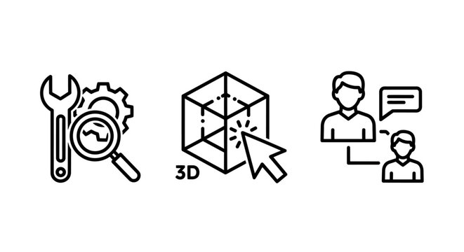 Technical support and 3D modeling workflow line icons with technical modeling maintenance magnifying communication analysis development engineering software computer collaboration graphics