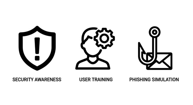 Cybersecurity awareness training and phishing simulation icons with cybersecurity security awareness training phishing simulation protection prevention education settings information