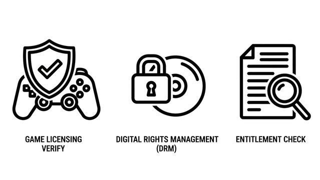 Digital rights management and game licensing verification icon set for software security with licensing security protection management verification software entitlement copyright authenticatio