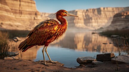 Obraz premium Golden heron standing by desert canyon river sunset.