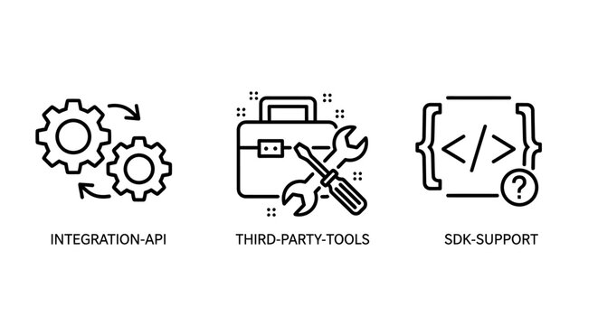 Software development integration and tooling icons with integration development software programming technical screwdriver interface connection framework technology developer automation