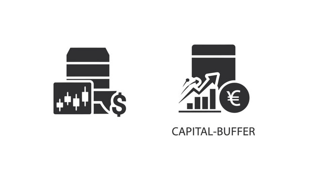 Financial investment and growth capital buffer icons featuring currency symbols and market graphs investment currency business increase performance accounting monetary statistics analysis