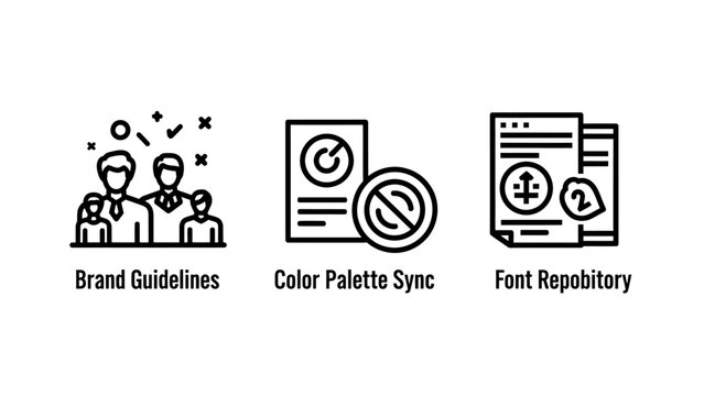 Set of linear icons representing brand guidelines color palette sync and font repository with guidelines repository identity branding corporate typography business communication management