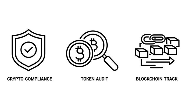 Cryptocurrency compliance and blockchain auditing line icons set with cryptocurrency compliance blockchain security verification transaction tracking magnifying monetary analysis monitoring