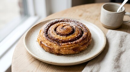 Fototapeta premium Freshly Baked Cinnamon Roll with Coffee on Wooden Table