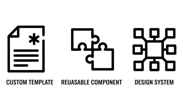 Custom template and reusable design system components icons set with template reusable component workflow software development framework interface document structure minimalist creative