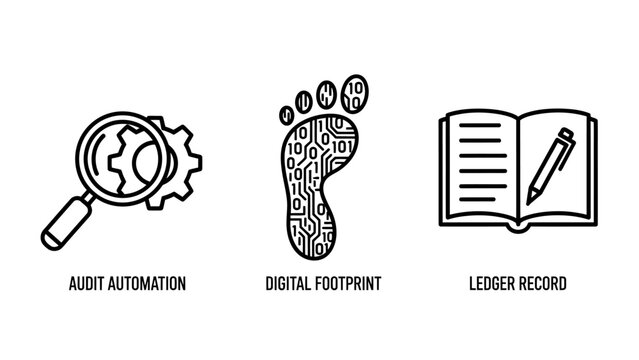 Audit automation digital footprint ledger record icon set with automation footprint financial tracking business accounting analysis magnifying security monitoring compliance verification