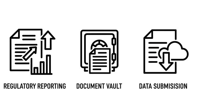 Regulatory reporting document vault cloud data submission icon set with regulatory reporting document submission compliance security business management corporate protection information
