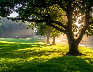 A serene landscape of a tree on a lush green field at sunrise © Soim