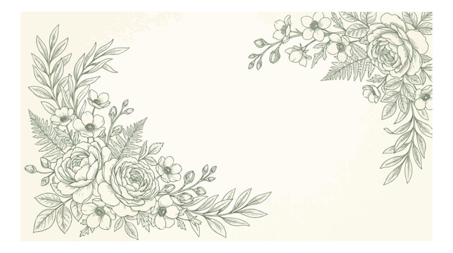 Vintage floral frame with hand drawn roses and leaves, elegant botanical corner border vector, classic sketch flower arrangement for wedding invitations