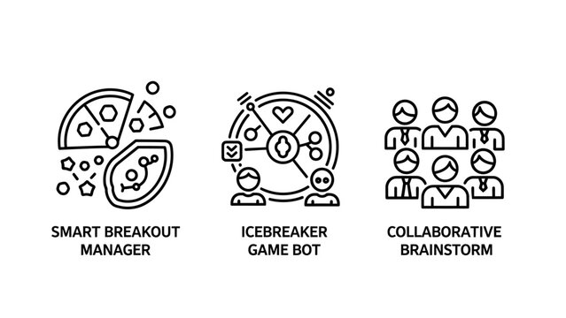 Team collaboration and meeting management icons showing breakout session manager game bot and brainstorming with collaboration brainstorming breakout icebreaker workplace discussion cooperation