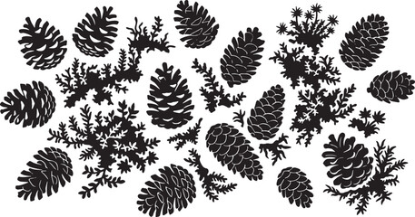 Pinecone and Fir Branch Vector Silhouettes, Nature Elements Collection, Evergreen Forest Icons for Seasonal Design © Amaan