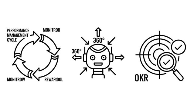 Business performance management cycle 360 degree view and okr goal icons with performance management business strategy improvement rotation feedback evaluation magnifying planning objective