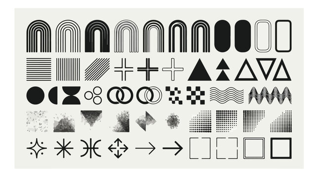 Retro brutalist geometric shapes collection, 50 minimalist abstract design elements, black vector icons for y2k aesthetic and modern branding