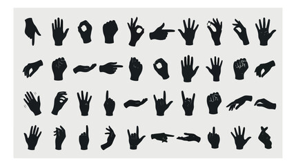 Black hand silhouettes collection, 40 hand gestures vector set, human palm and finger signs, communication and body language icons © HayeGareebi