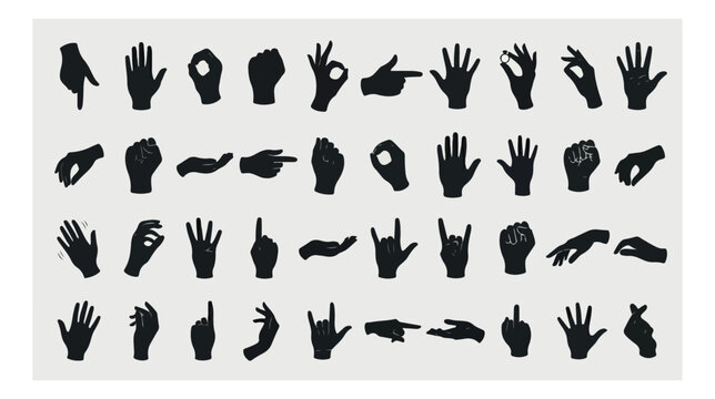 Black hand silhouettes collection, 40 hand gestures vector set, human palm and finger signs, communication and body language icons