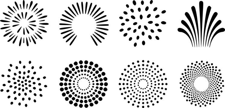 Black firework burst icon set with vector sunburst halftones starburst splash and radial dot line elements isolated on white background for festival celebration design