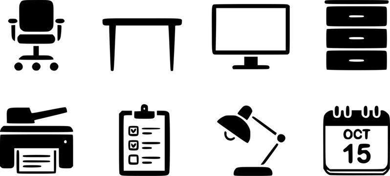 Office furniture and equipment vector icon set with chair desk monitor printer calendar lamp and document clipboard solid silhouette elements isolated on white background for business design