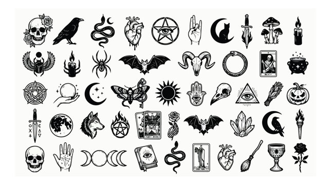 Mystical occult tattoo flash set, 50 black ink witchcraft icons, gothic esoteric symbols including skulls, snakes, and moon phases, vector collection