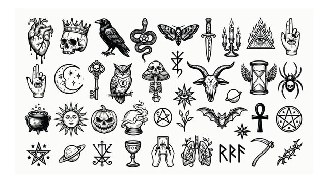 Vintage Occult Tattoo Flash Set, 40 Mystic Esoteric Icons, Hand Drawn Black Ink Alchemy and Witchcraft Vector Illustrations for Dark Aesthetic Design