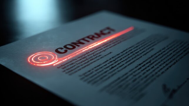 A close-up of a contract document with the word CONTRACT highlighted in glowing red light, suggesting importance or urgency. The document has lines of text and a signature space.