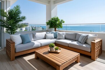 Obraz premium Outdoor lounge furniture on a balcony with ocean view