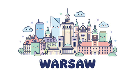 Naklejka premium Whimsical Illustration of Warsaw Cityscape Featuring Historic and Modern Architecture with Playful Cloud Accents