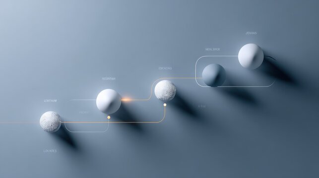 A minimalist infographic displaying a progression of spheres, suggesting growth or a timeline, on a serene blue background