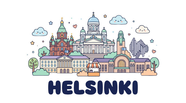 Charming Illustrative Cityscape of Helsinki with iconic landmarks and whimsical elements capturing the essence of the Finnish
