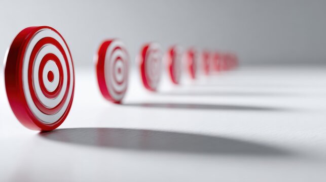 A row of red and white target objects creating a sense of progression and focus, with the closest one sharp and in the foreground