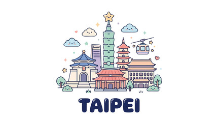 Naklejka premium Whimsical Taipei skyline illustration featuring traditional temples modern skyscrapers and iconic landmarks in pastel colors
