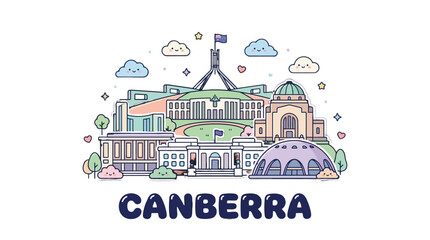 Naklejka premium Charming digital illustration of Canberra showcasing iconic landmarks and clouds under a cheerful sky