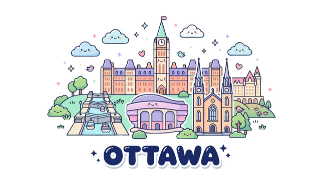 Whimsical cityscape of ottawa featuring iconic landmarks with colorful cartoon style and playful clouds and trees in a charming