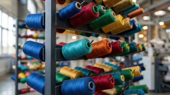 Rows of colorful thread spools on a rack in a textile manufacturing factory