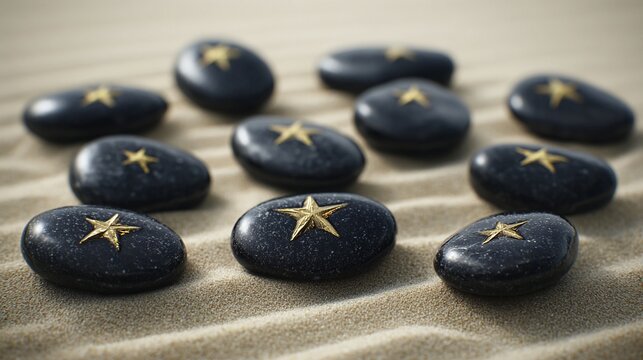 Polished river stones with gold star accents arranged on rippled sand for zen garden tranquility