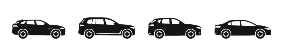 Fototapeta premium Set of four different car silhouette icons in flat black design