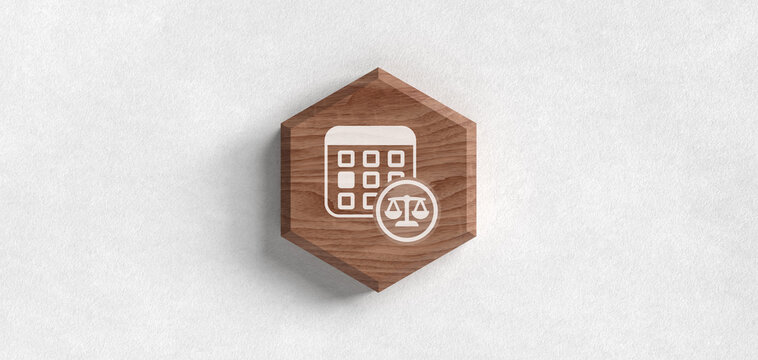 A wooden hexagon emblem on a textured background displays a calendar with a scale of justice icon, symbolizing legal scheduling, court appointments, and professional legal planning