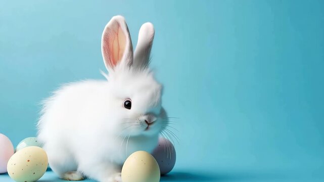 Cute bunny sitting with pastel eggs on a light blue background