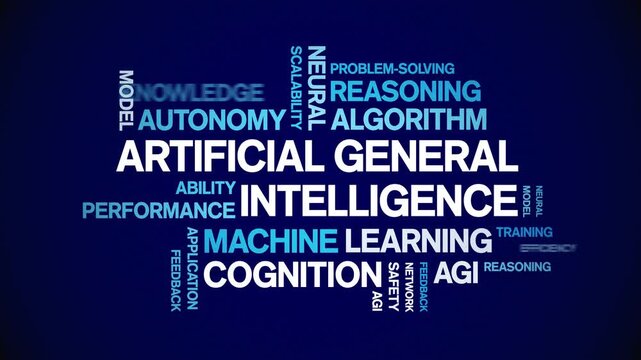 AGI Artificial General Intelligence animated word cloud-gross domestic product animation tag kinetic typography seamless loop.